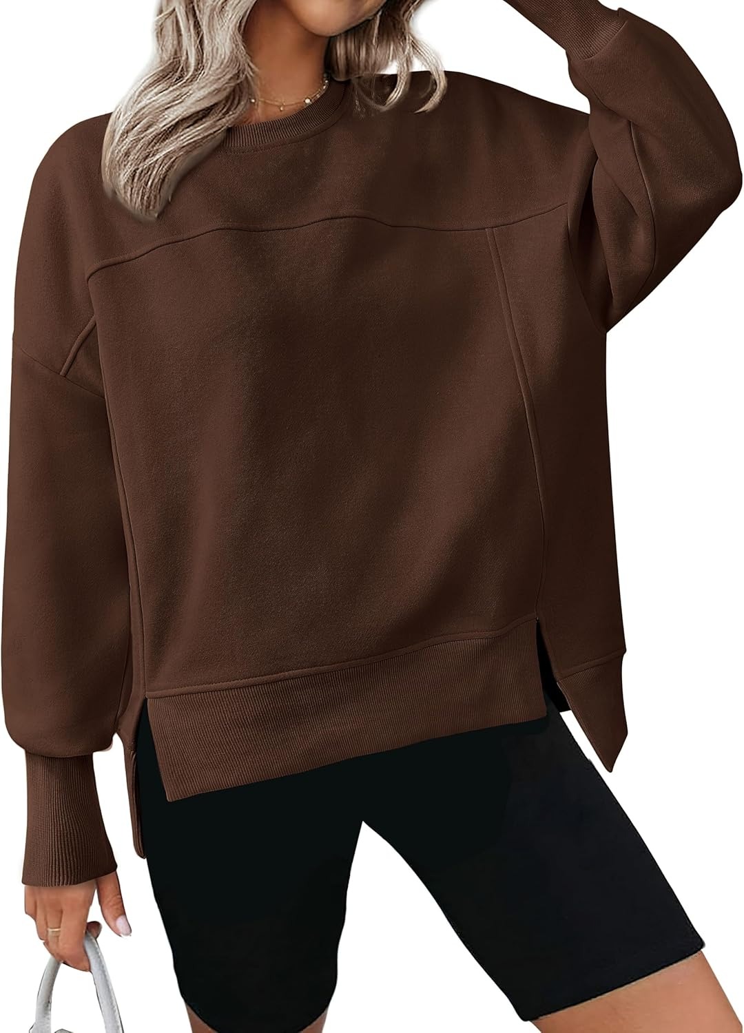 Women's Casual Crewneck Sweatshirts Long Sleeve Side Slit Fleece Pullover Tops(BUY 2 FREE SHIPPING)
