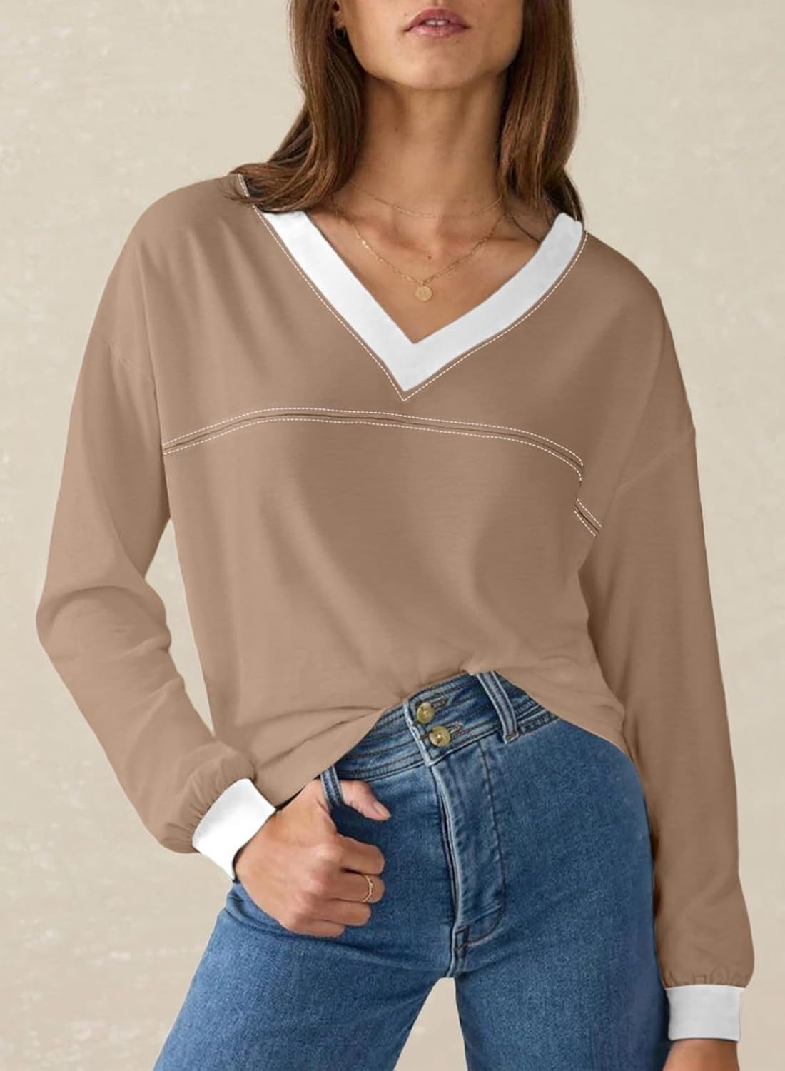 Women's Loose V-Neck Colorblock Sweatshirt（Buy 2 Free Shipping)