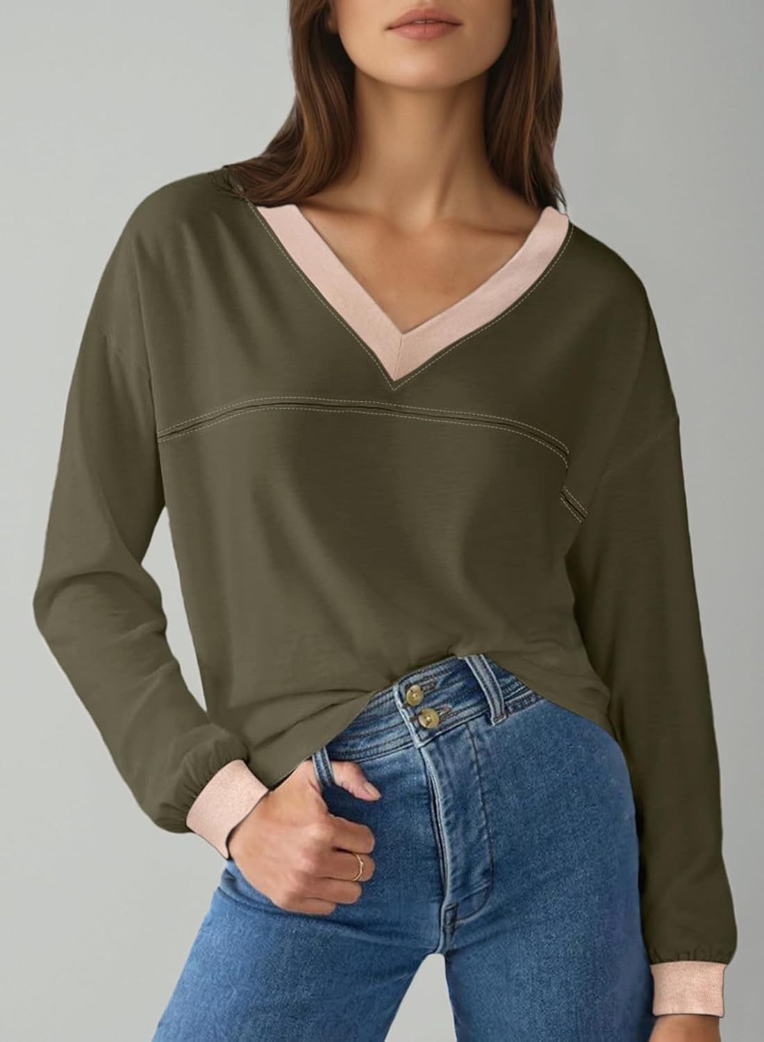 Women's Loose V-Neck Colorblock Sweatshirt（Buy 2 Free Shipping)