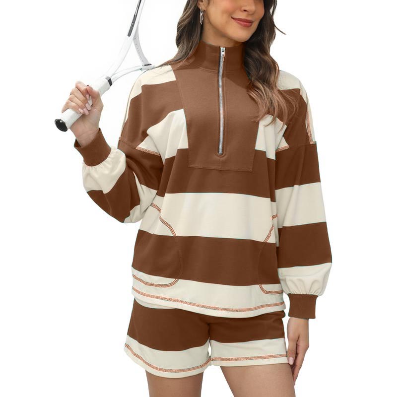 Women's Lounge Set 2 Piece Striped Long Sleeve Quarter Zip