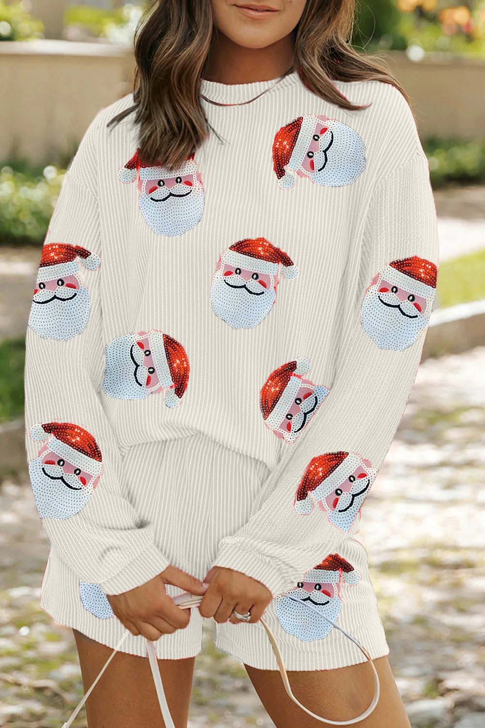 Sequin Santa Round Neck Long Sleeve Top and Shorts Set (Buy 2 Free Shipping)