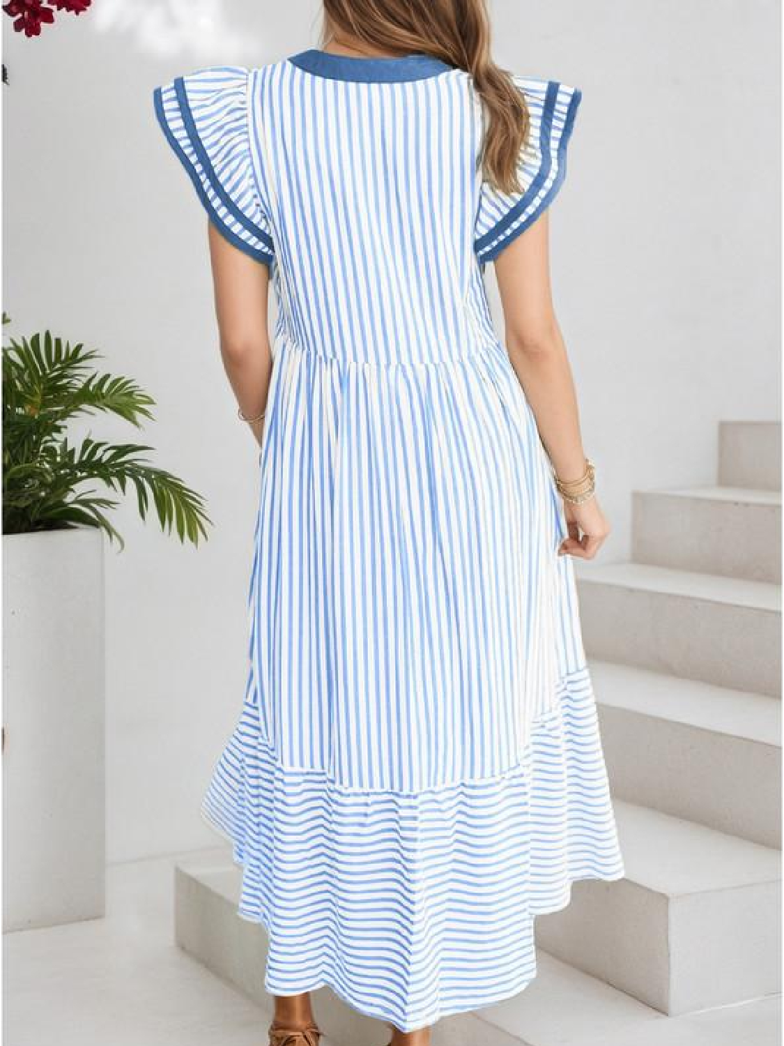 Womens 2026 Summer V-Neck Ruffle Striped Beach Midi Maxi Dress with Pockets