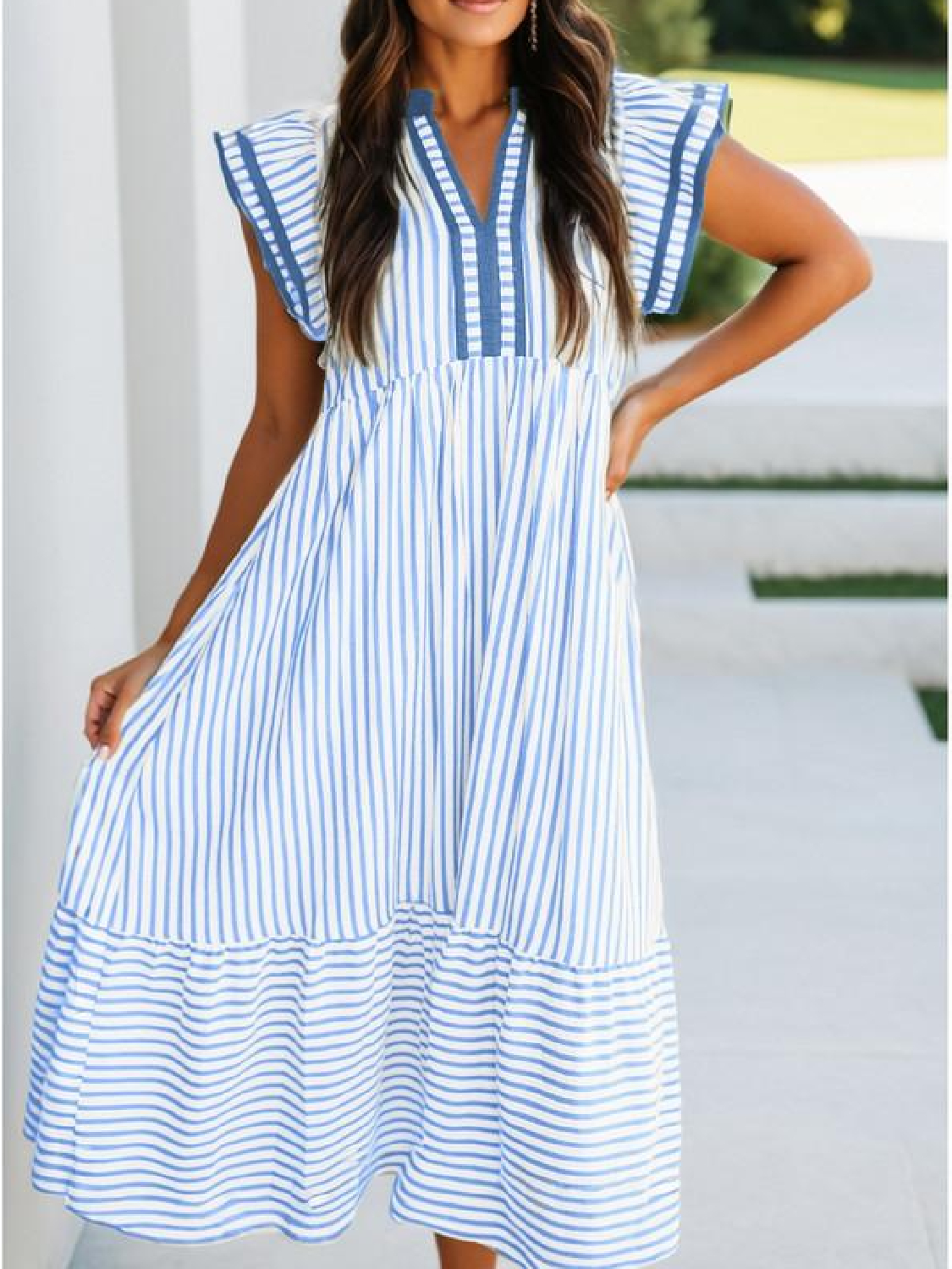 Womens 2026 Summer V-Neck Ruffle Striped Beach Midi Maxi Dress with Pockets