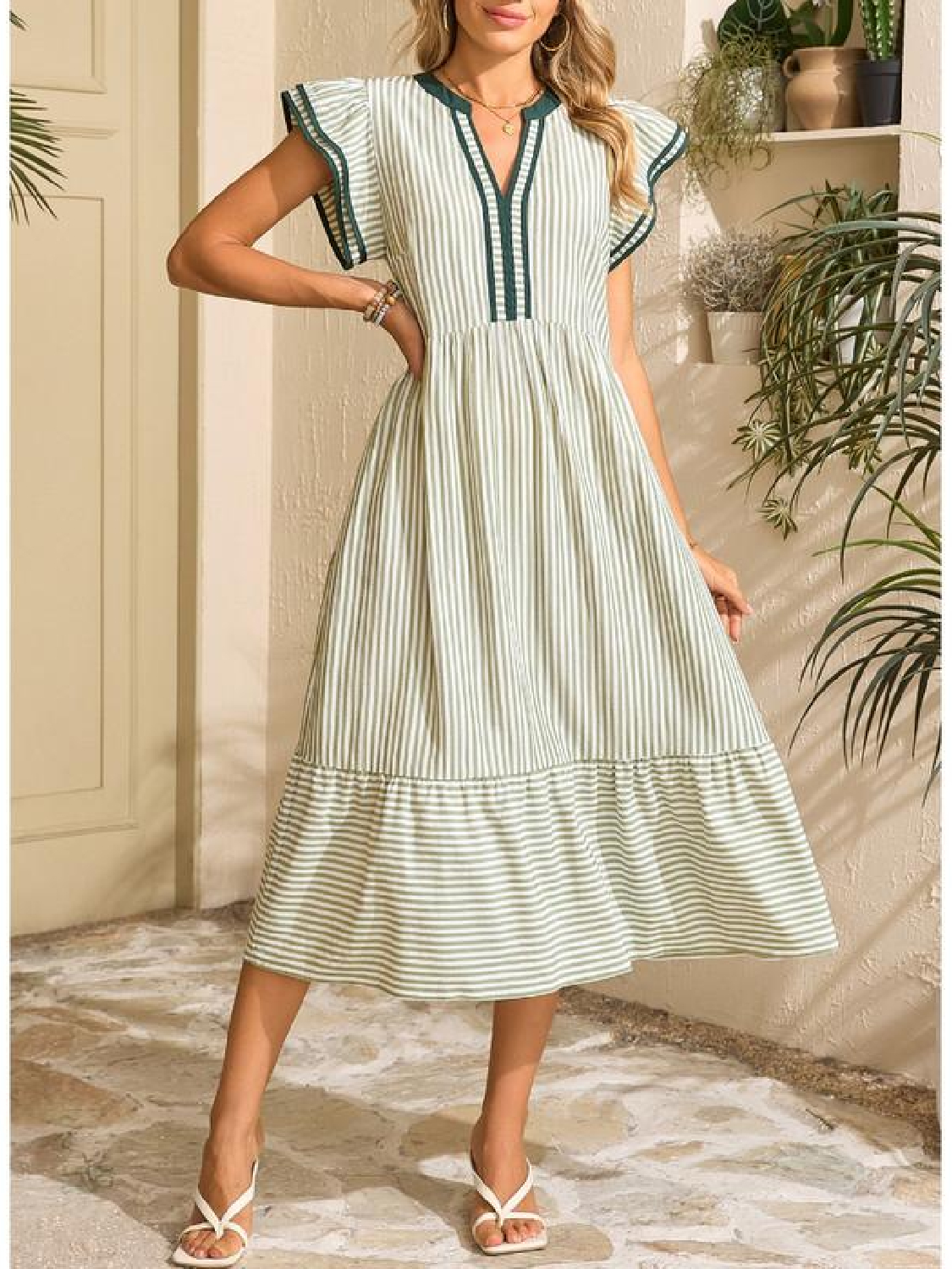 Womens 2026 Summer V-Neck Ruffle Striped Beach Midi Maxi Dress with Pockets