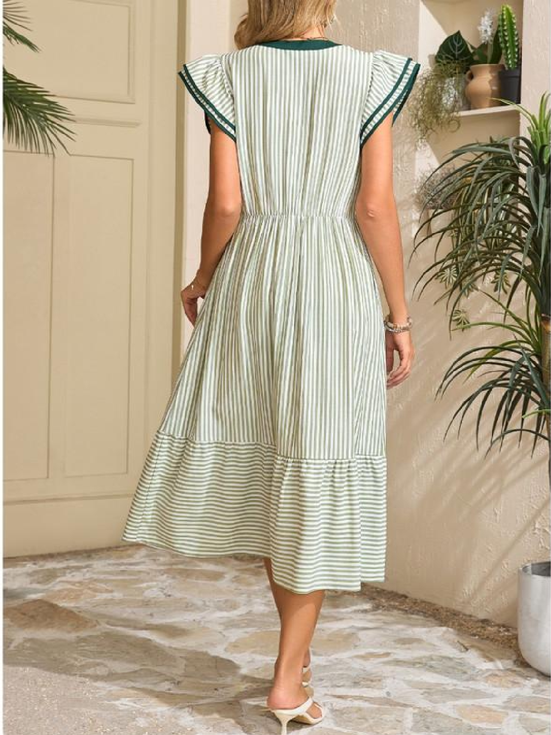 Womens 2026 Summer V-Neck Ruffle Striped Beach Midi Maxi Dress with Pockets