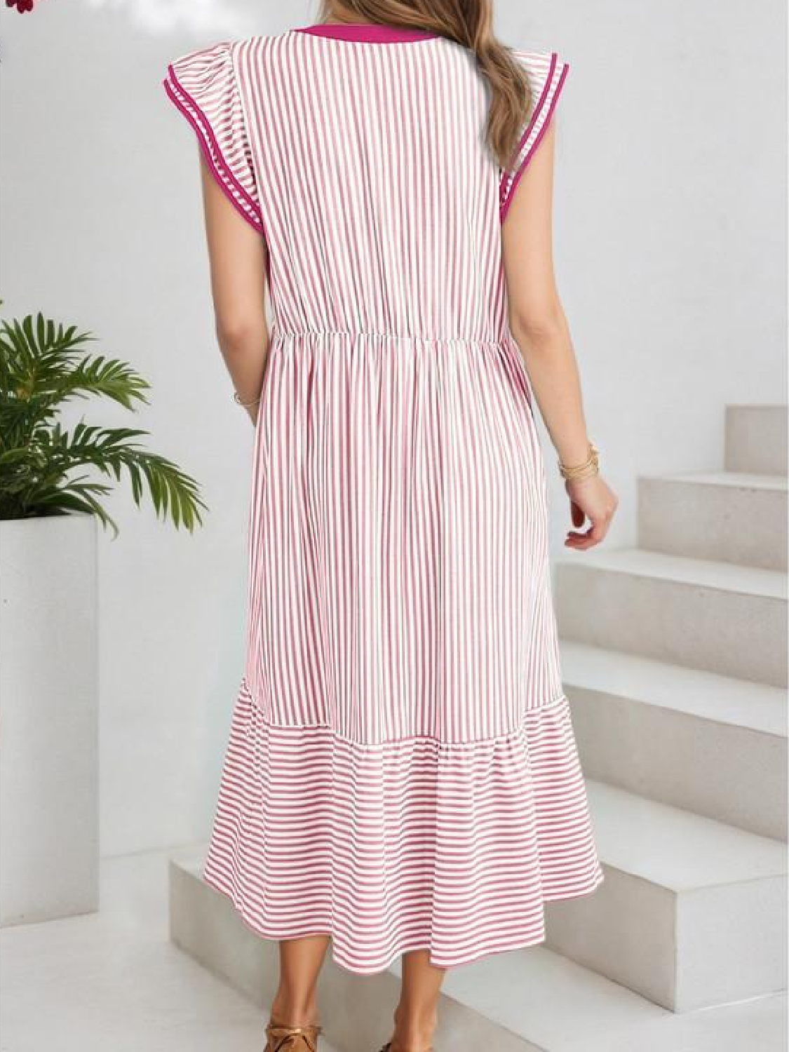 Womens 2026 Summer V-Neck Ruffle Striped Beach Midi Maxi Dress with Pockets