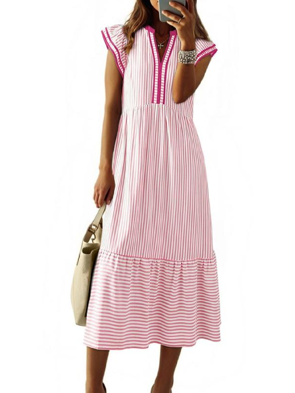 Womens 2026 Summer V-Neck Ruffle Striped Beach Midi Maxi Dress with Pockets