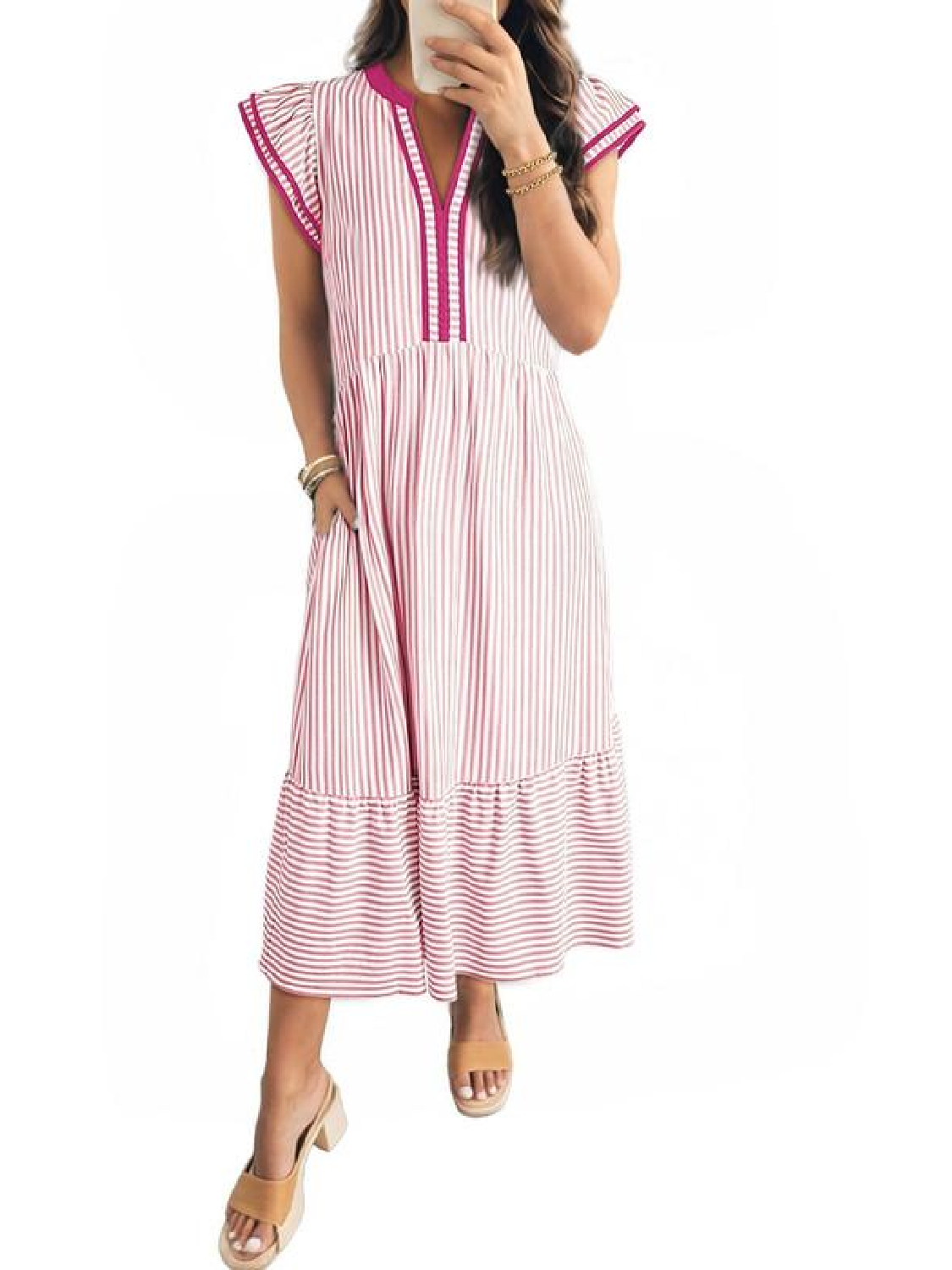 Womens 2026 Summer V-Neck Ruffle Striped Beach Midi Maxi Dress with Pockets