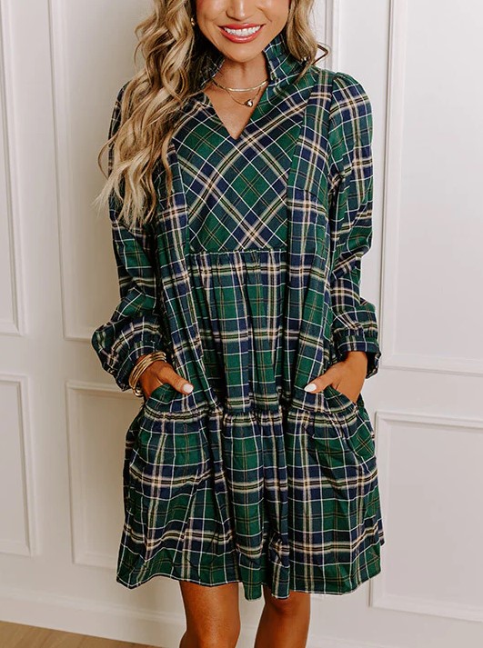 Women's Plaid Print Frilly Collar Long Sleeve Mini Dress