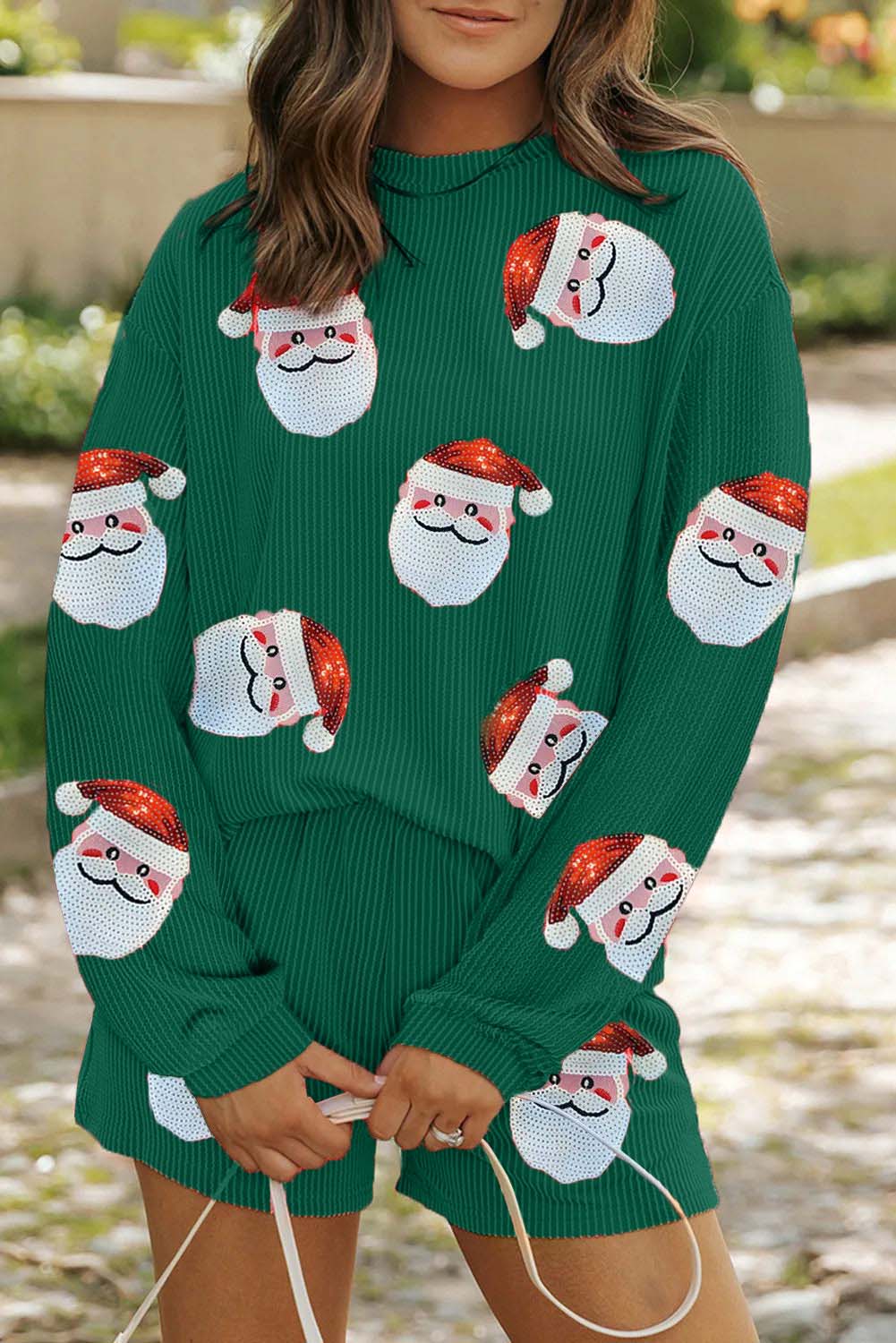 Sequin Santa Round Neck Long Sleeve Top and Shorts Set (Buy 2 Free Shipping)