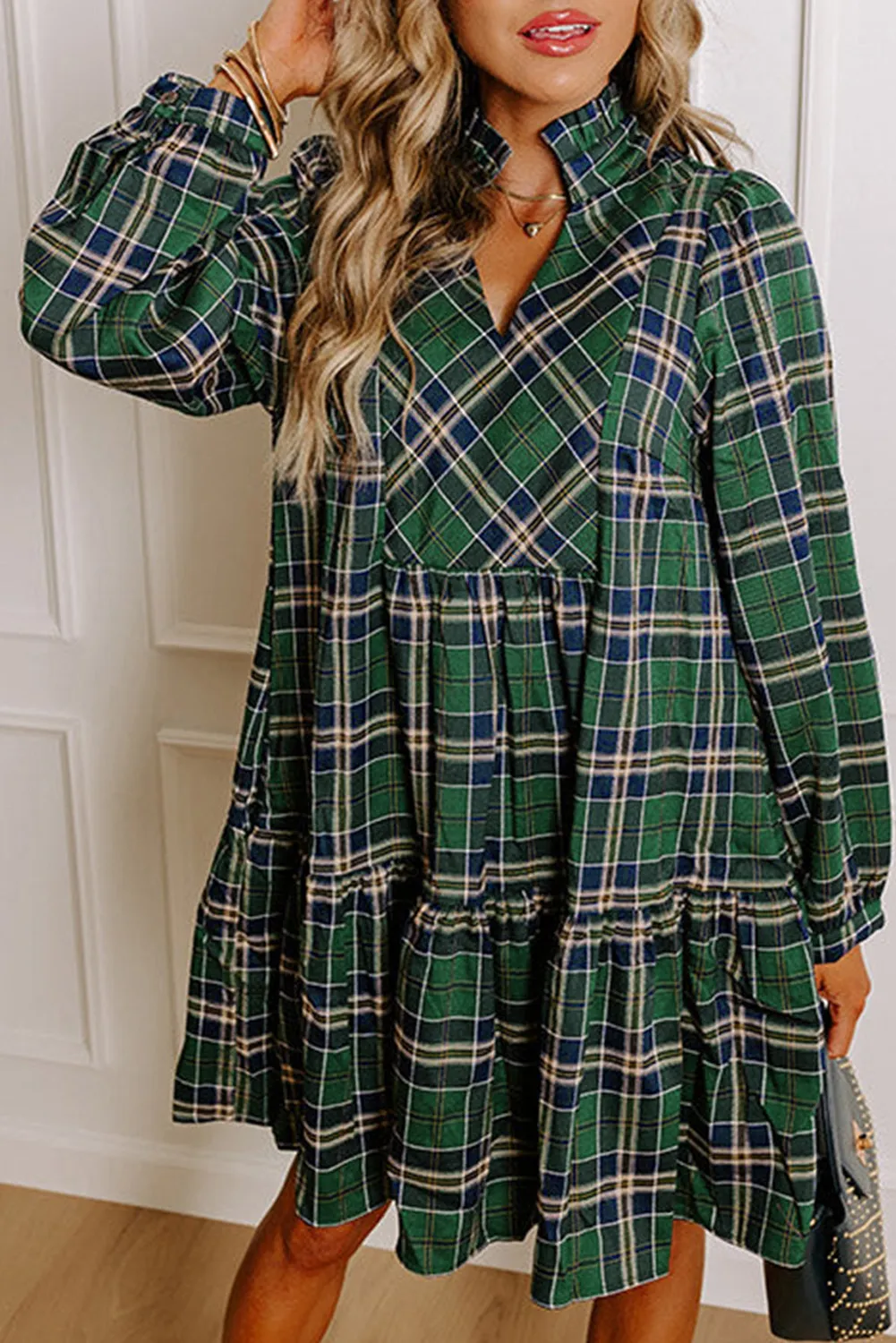 Women's Plaid Print Frilly Collar Long Sleeve Mini Dress