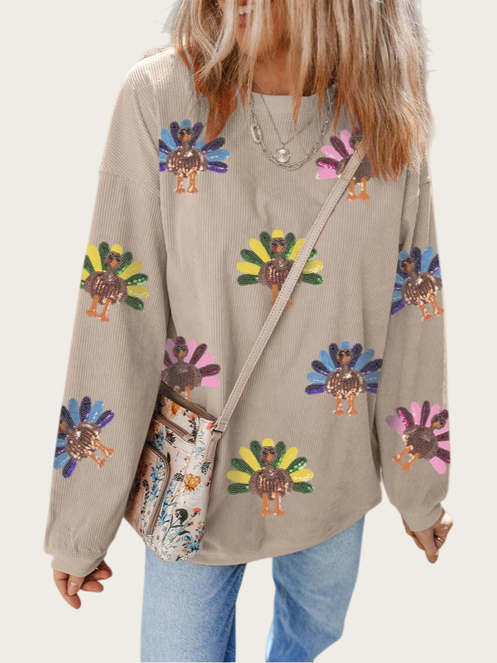 Women's Sequin Turkey Patch Thanksgiving Corduroy Sweatshirt (Buy 2 Free Shipping)
