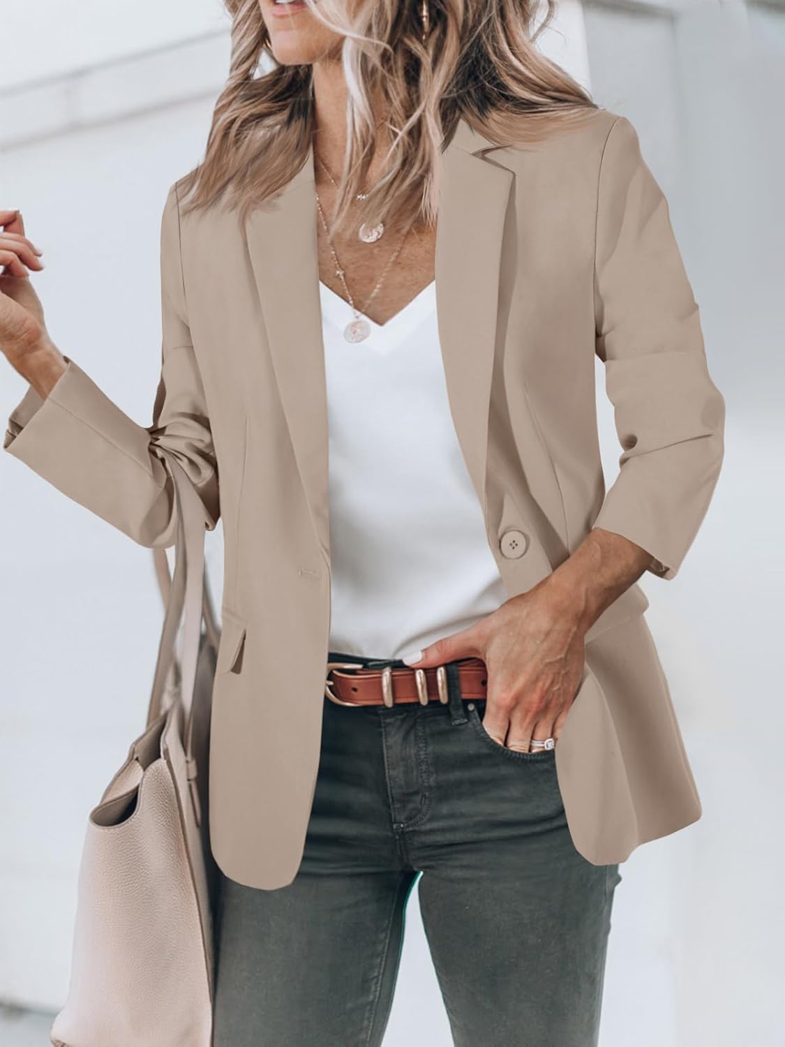 Women's Casual Button Open Front Pocket Blazers Jacket