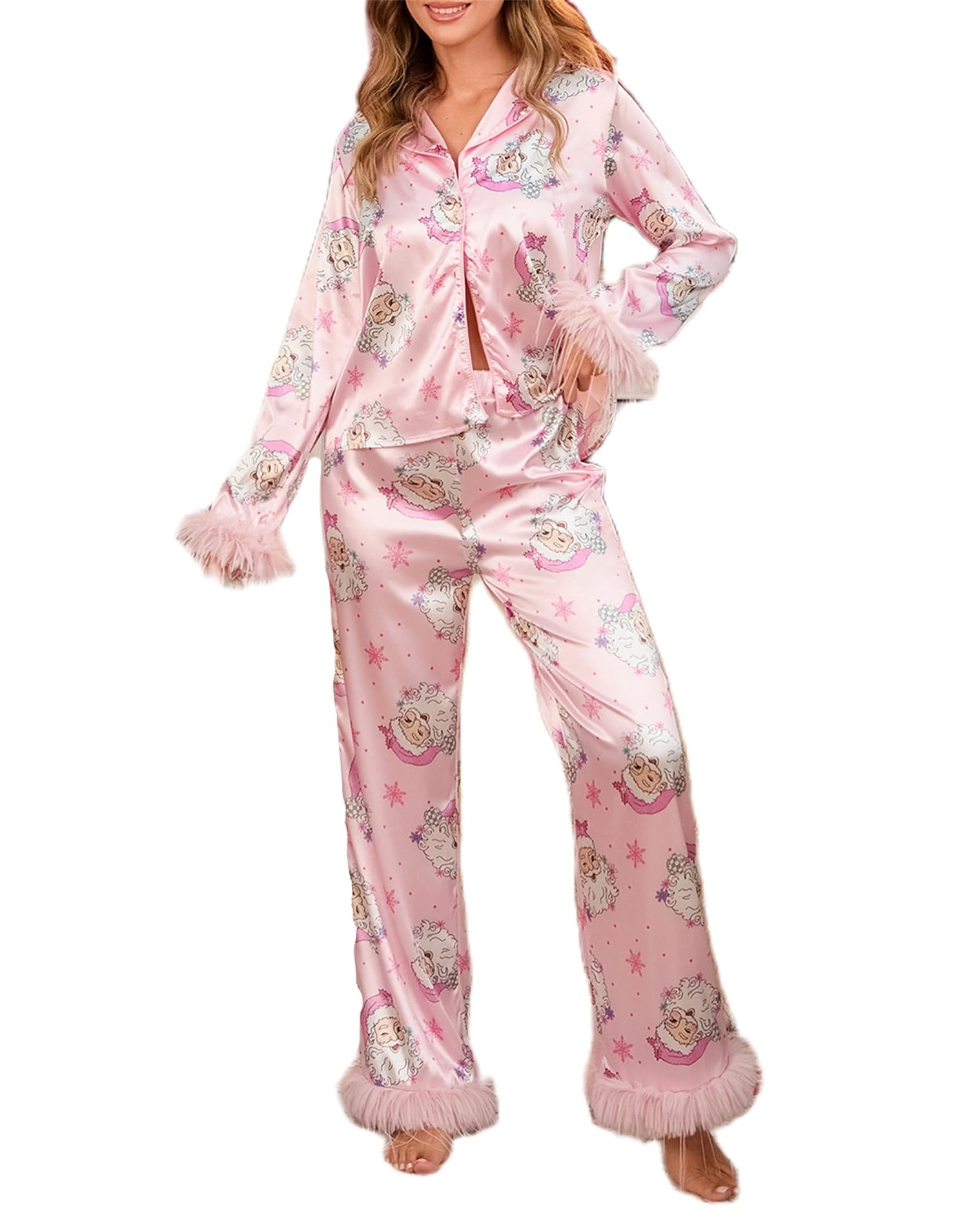 Women's Feather Trim Santa Pajama Set (Buy 2 Free Shipping)