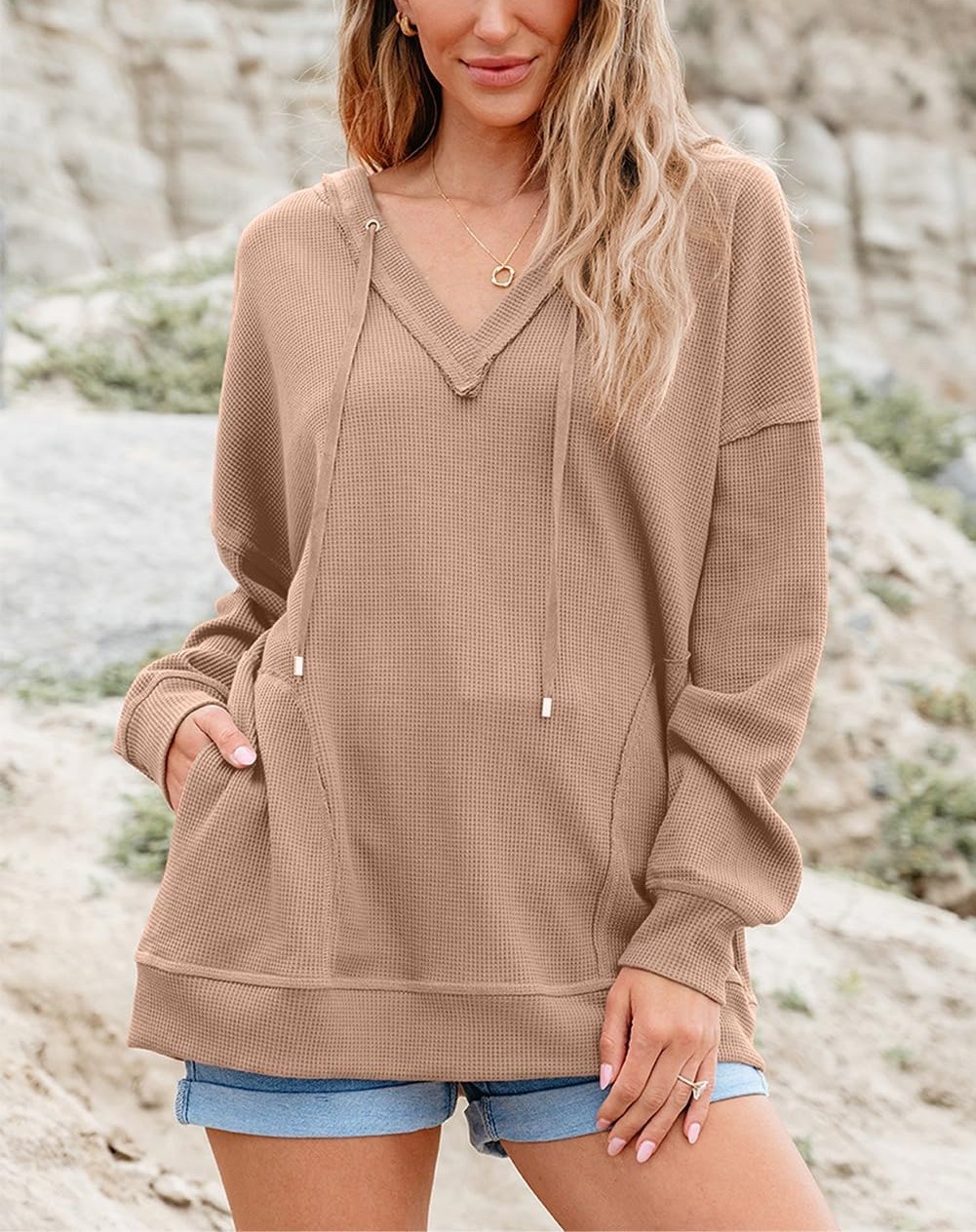 Oversized V-neck Drawstring Waffle Knit Top【Buy Two Free Shipping】