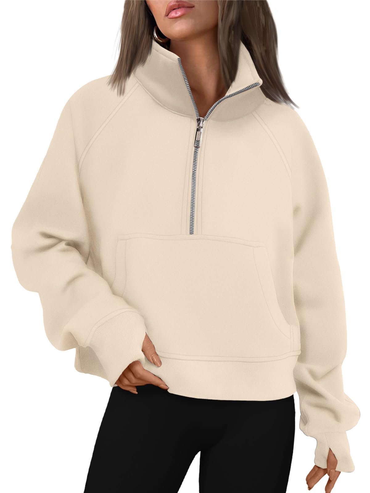 Womens Half Zip Cropped Sweatshirt With Thumb Hole