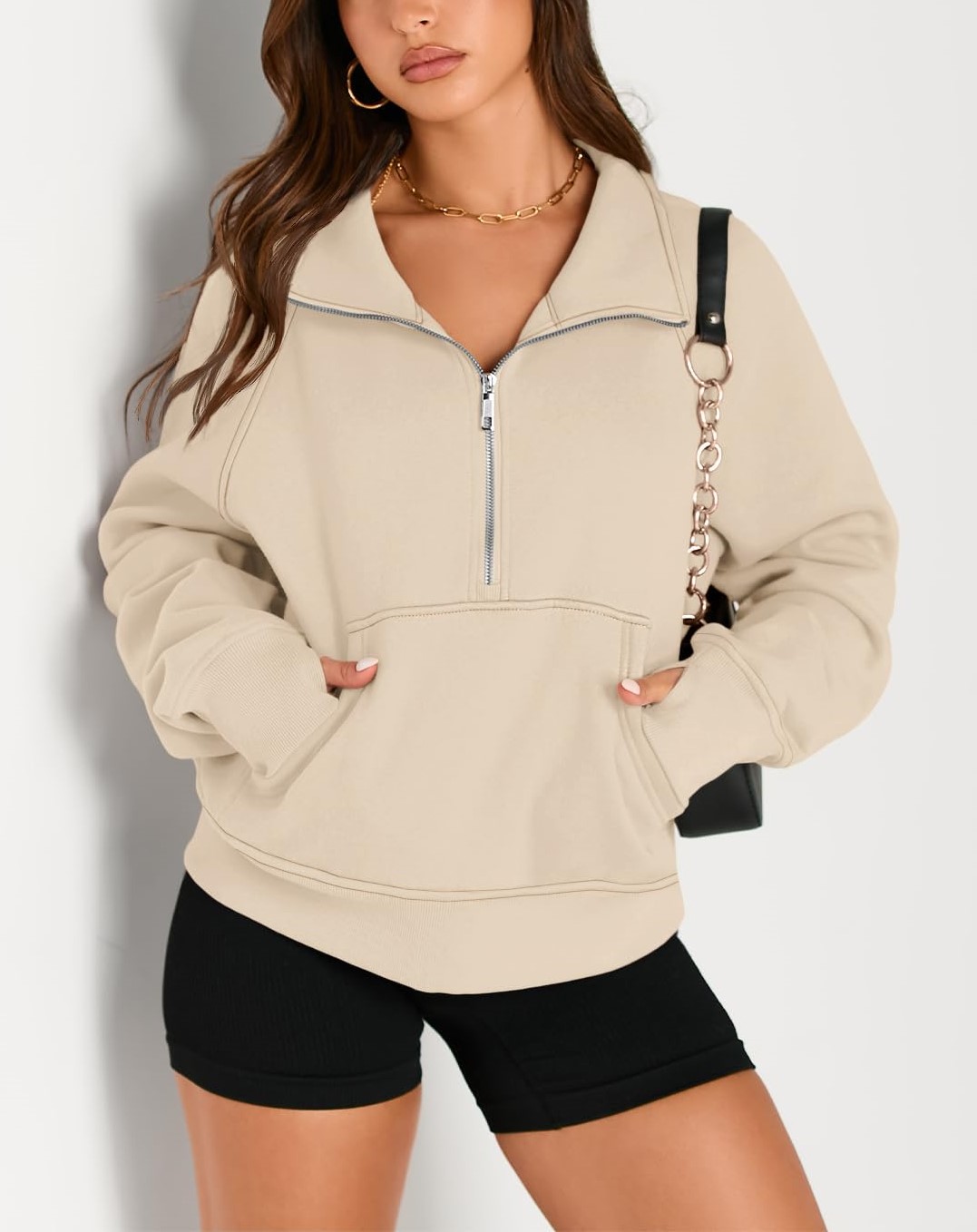 Womens Half Zip Cropped Sweatshirt With Thumb Hole