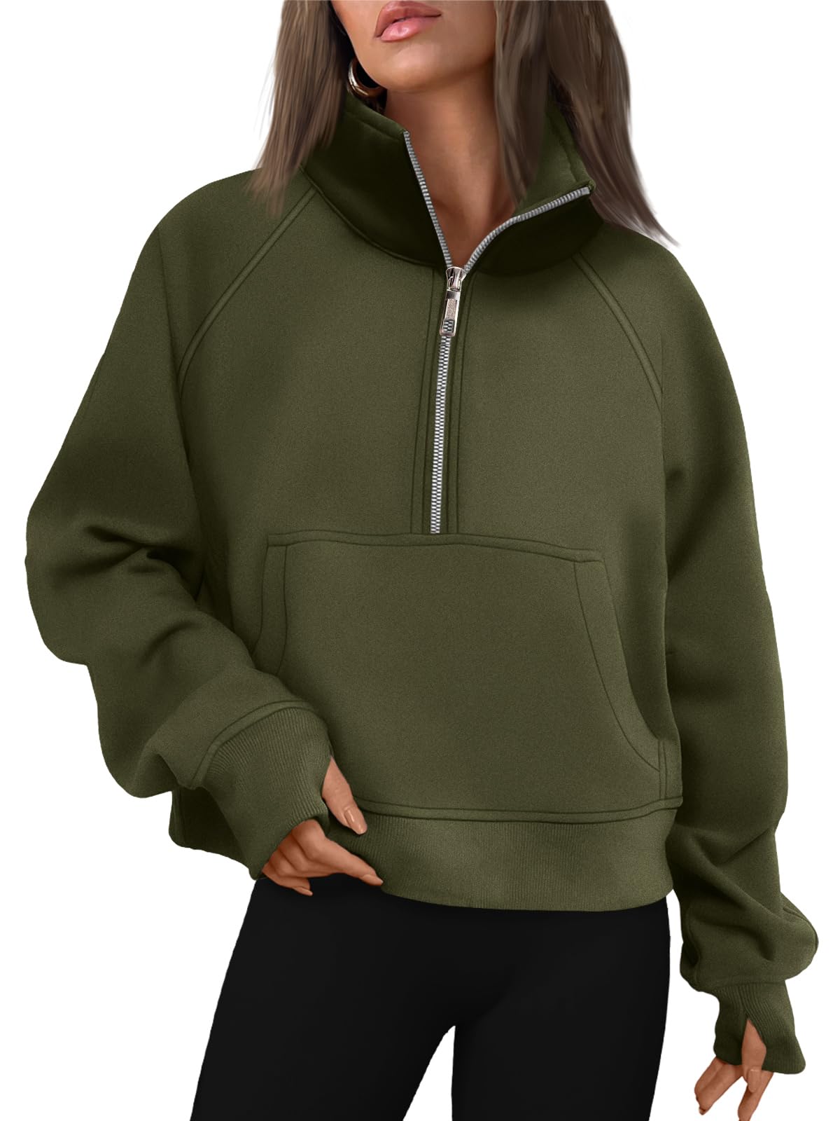 Womens Half Zip Cropped Sweatshirt With Thumb Hole