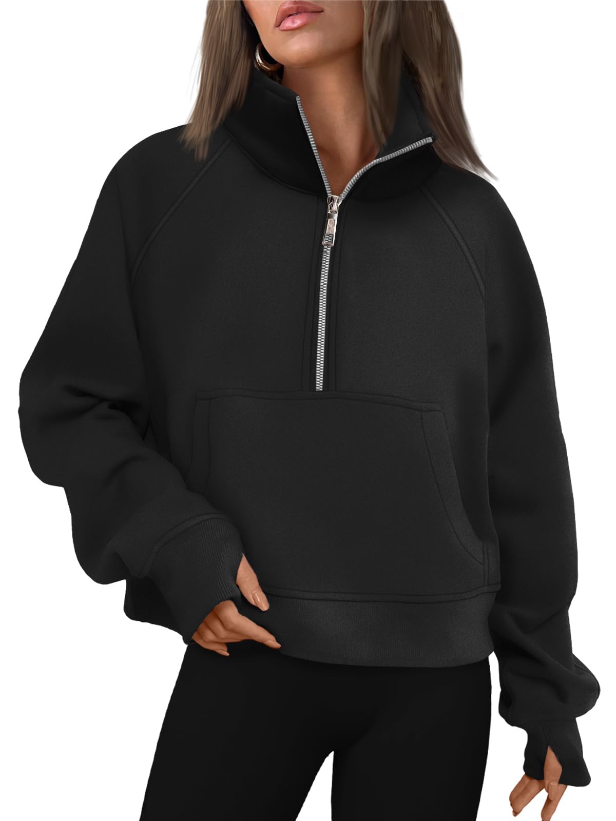 Womens Half Zip Cropped Sweatshirt With Thumb Hole