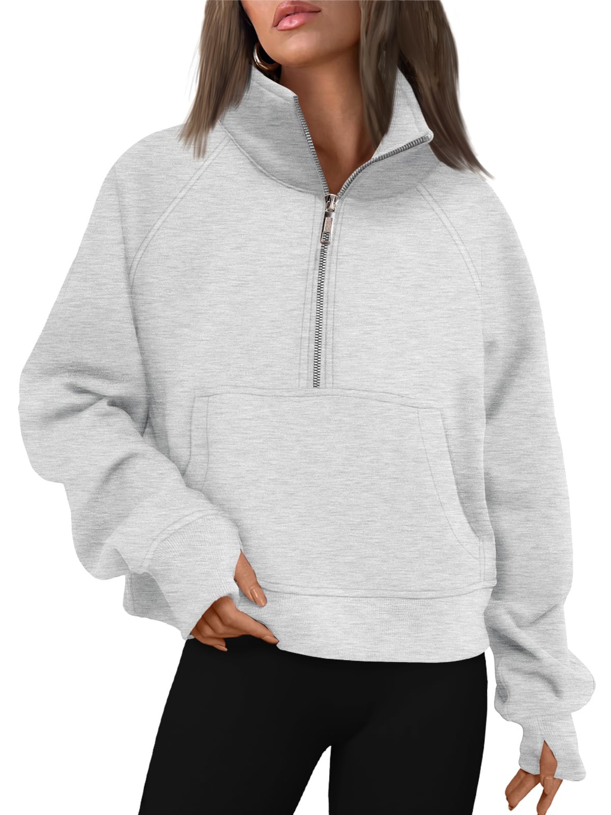 Womens Half Zip Cropped Sweatshirt With Thumb Hole