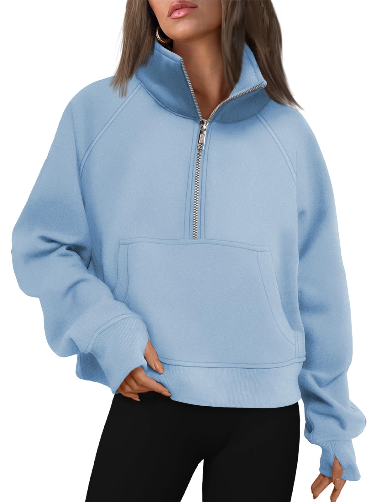 Womens Half Zip Cropped Sweatshirt With Thumb Hole