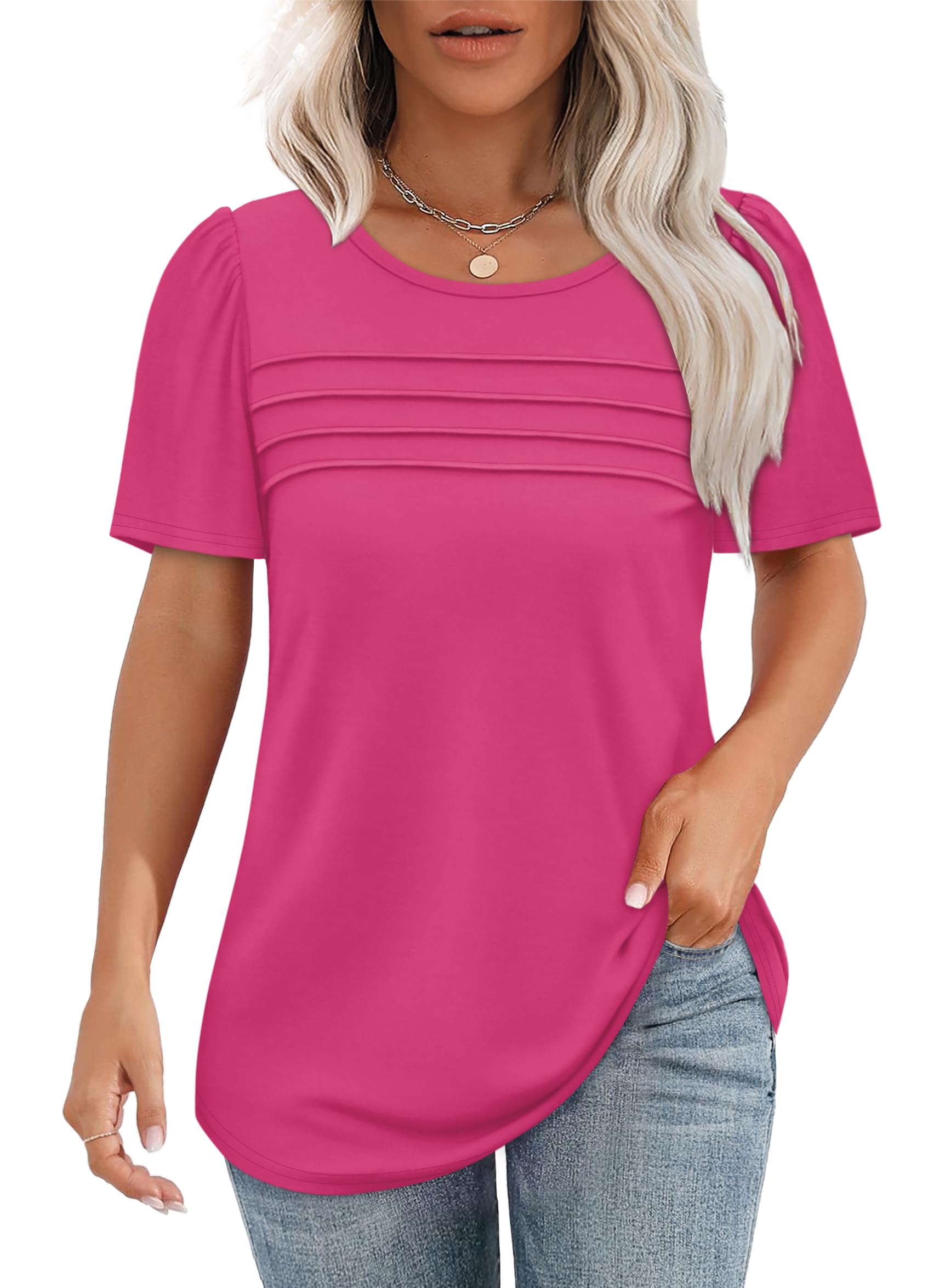 Women's Short Sleeve Pleated Front Scooped Neck T-shirts (Buy 3 Free Shipping)