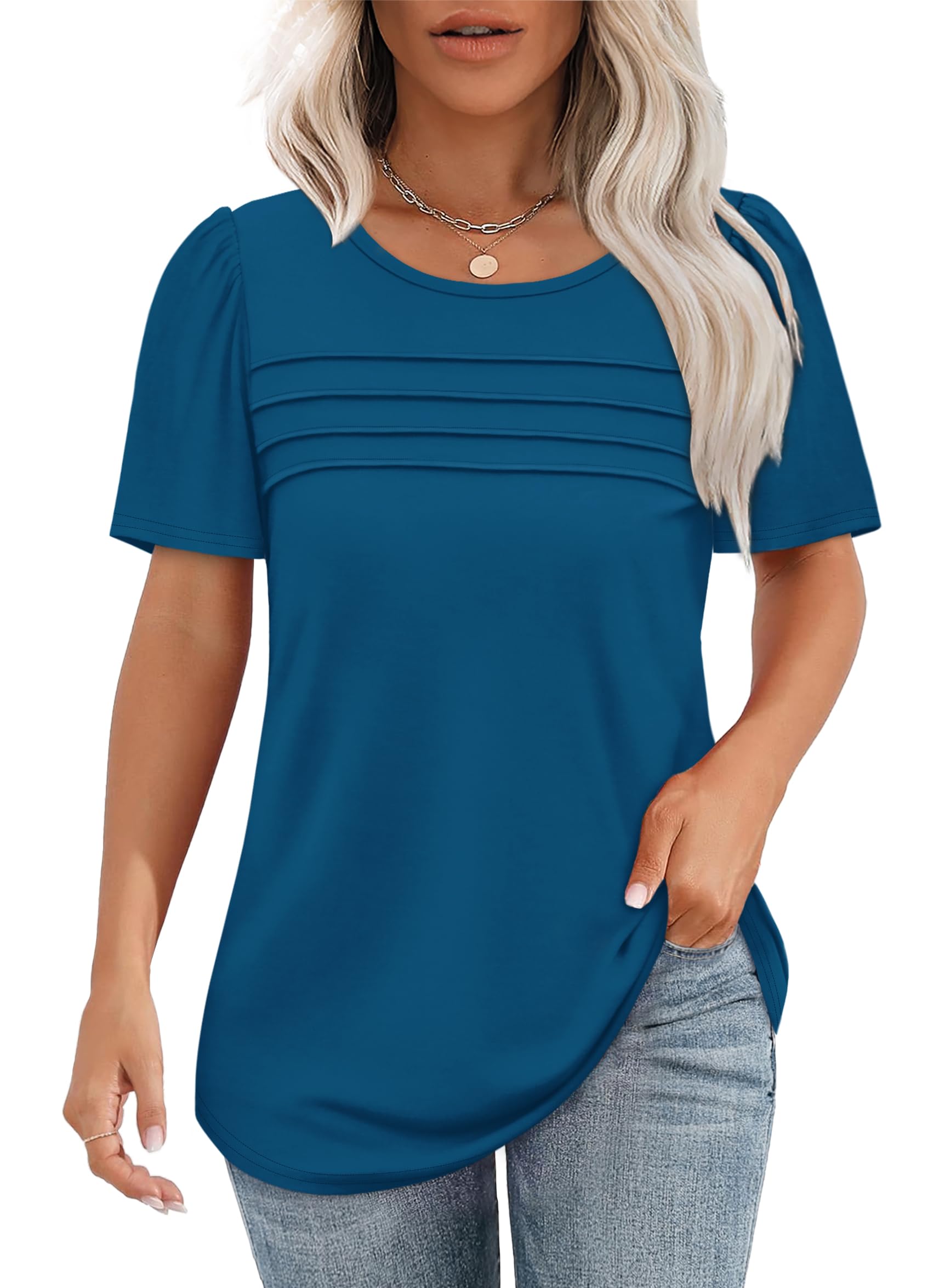 Women's Short Sleeve Pleated Front Scooped Neck T-shirts (Buy 3 Free Shipping)