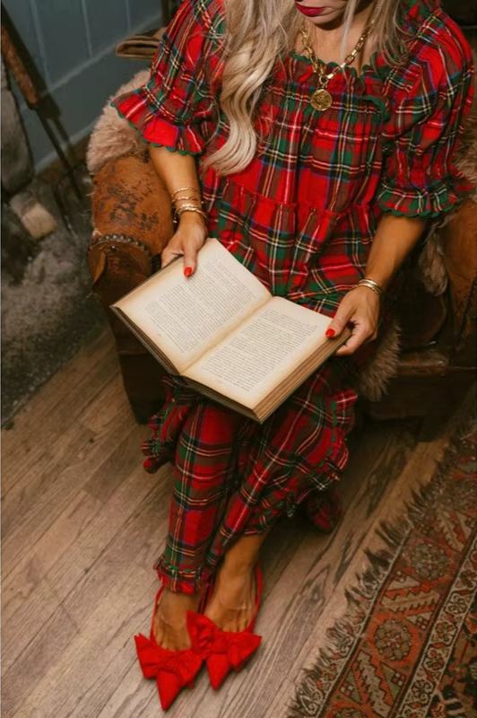 Women's Christmas Plaid Ruffle Puff Sleeve Pajamas Set