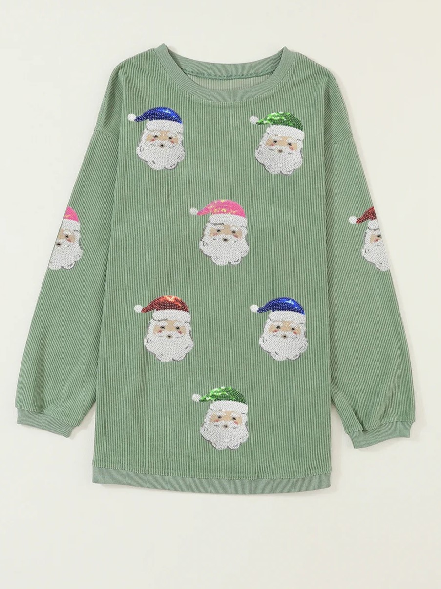 Women's Grass Green Santa Claus Graphic Sequins Sweatshirt