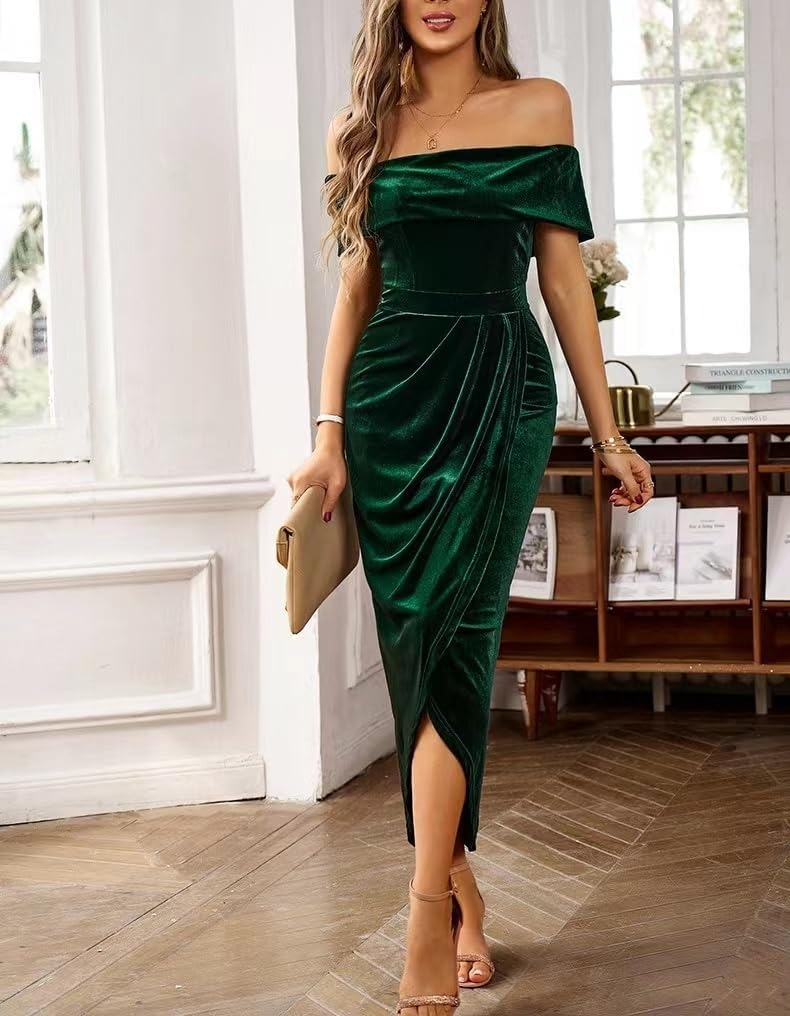 Women's Off-Shoulder High-Waisted Slit Velvet Dress