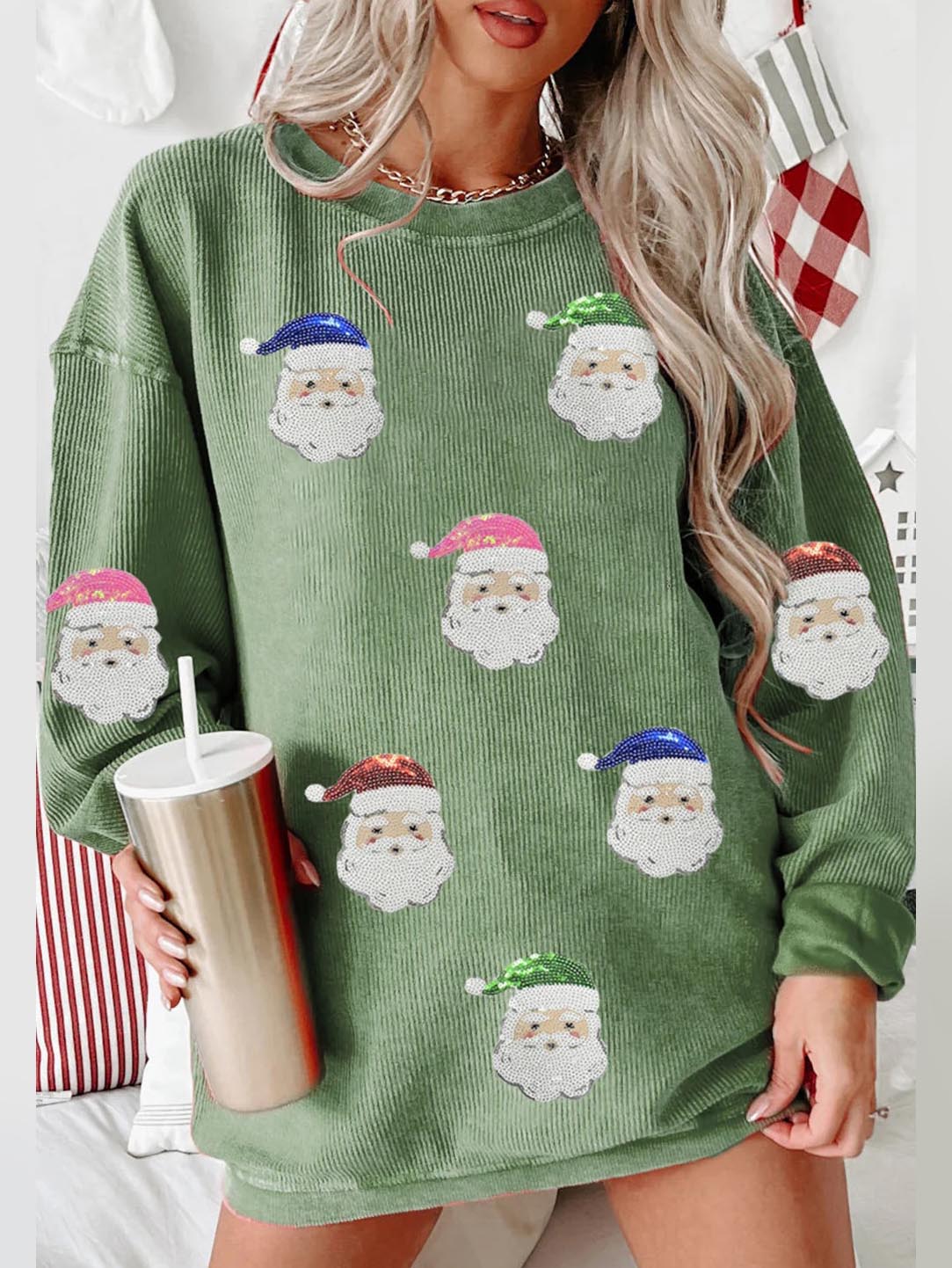 Women's Grass Green Santa Claus Graphic Sequins Sweatshirt