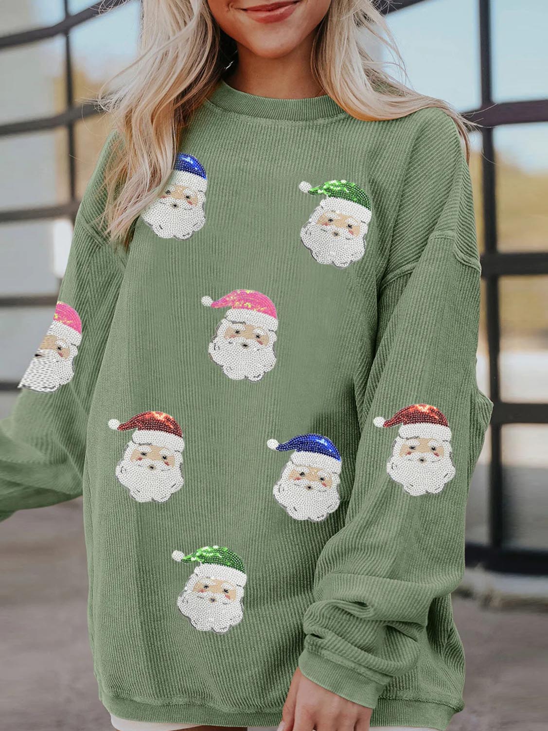 Women's Grass Green Santa Claus Graphic Sequins Sweatshirt
