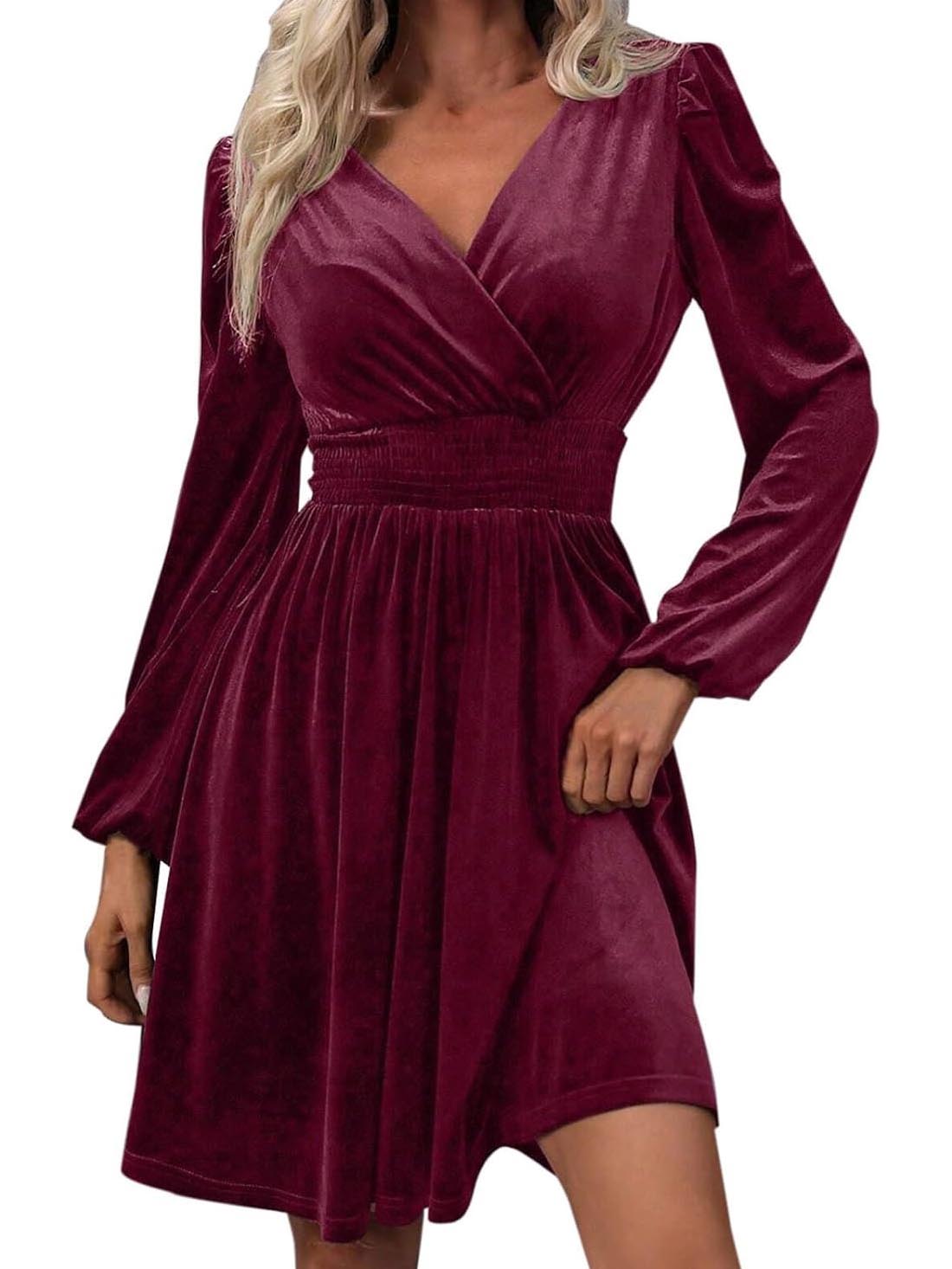 Women's Elegant V Neck Long Sleeves Velvet Dress (Buy 2 Free Shipping)