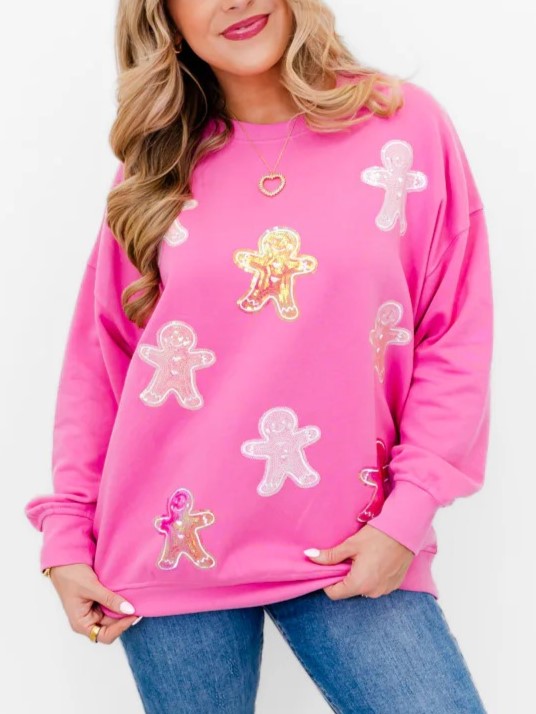 Women's Christmas Sparkly Gingerbread Man Sequin Sweatshirt