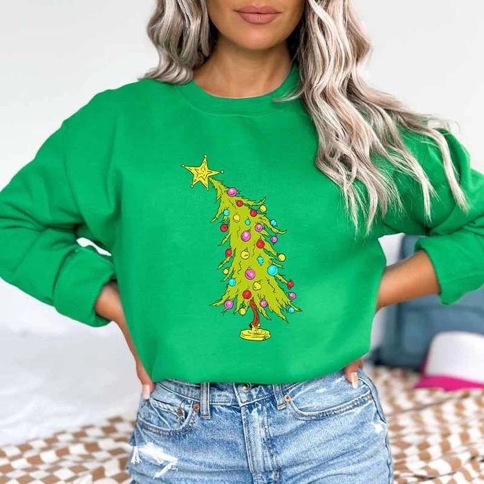 Women's Crew Neck Christmas Tree Print Sweatshirt