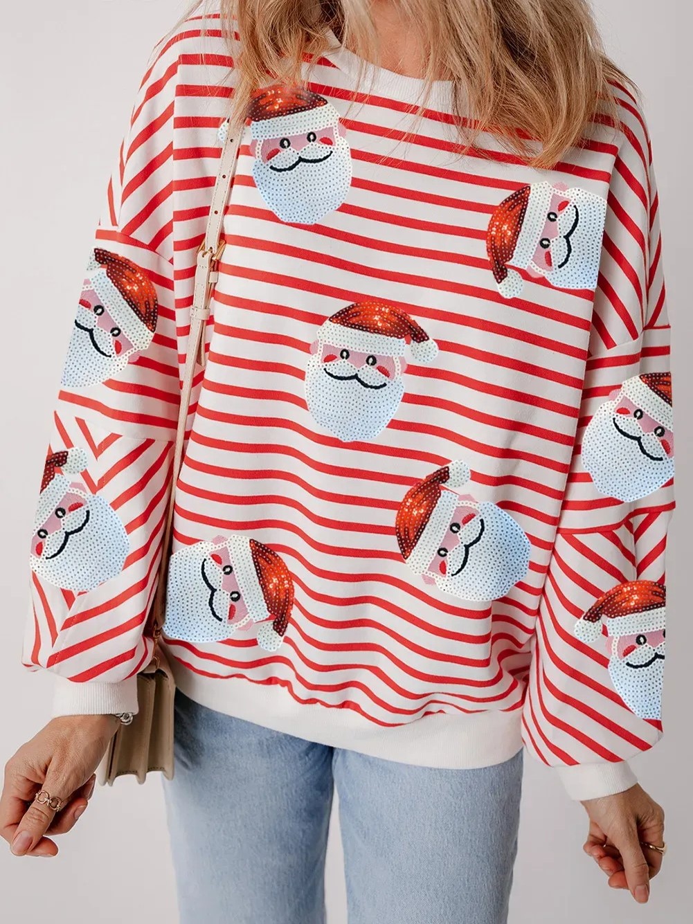 Women's Striped Santa Sequined Sweatshirt