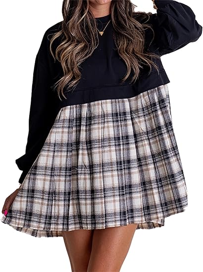 ✨Women's Autumn Long Sleeve Round Neck Plaid Print Patchwork Dress (Buy 2 Free Shipping)