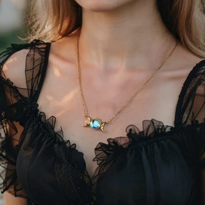 🌙 Triple Moon Goddess Moonstone Necklace