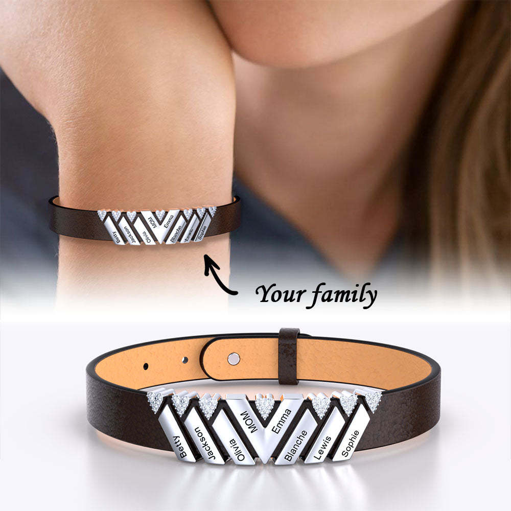 Mother's Day Gift Personalized Leather V Bracelet With Diamond Charms for Grandma/Mom/Dad