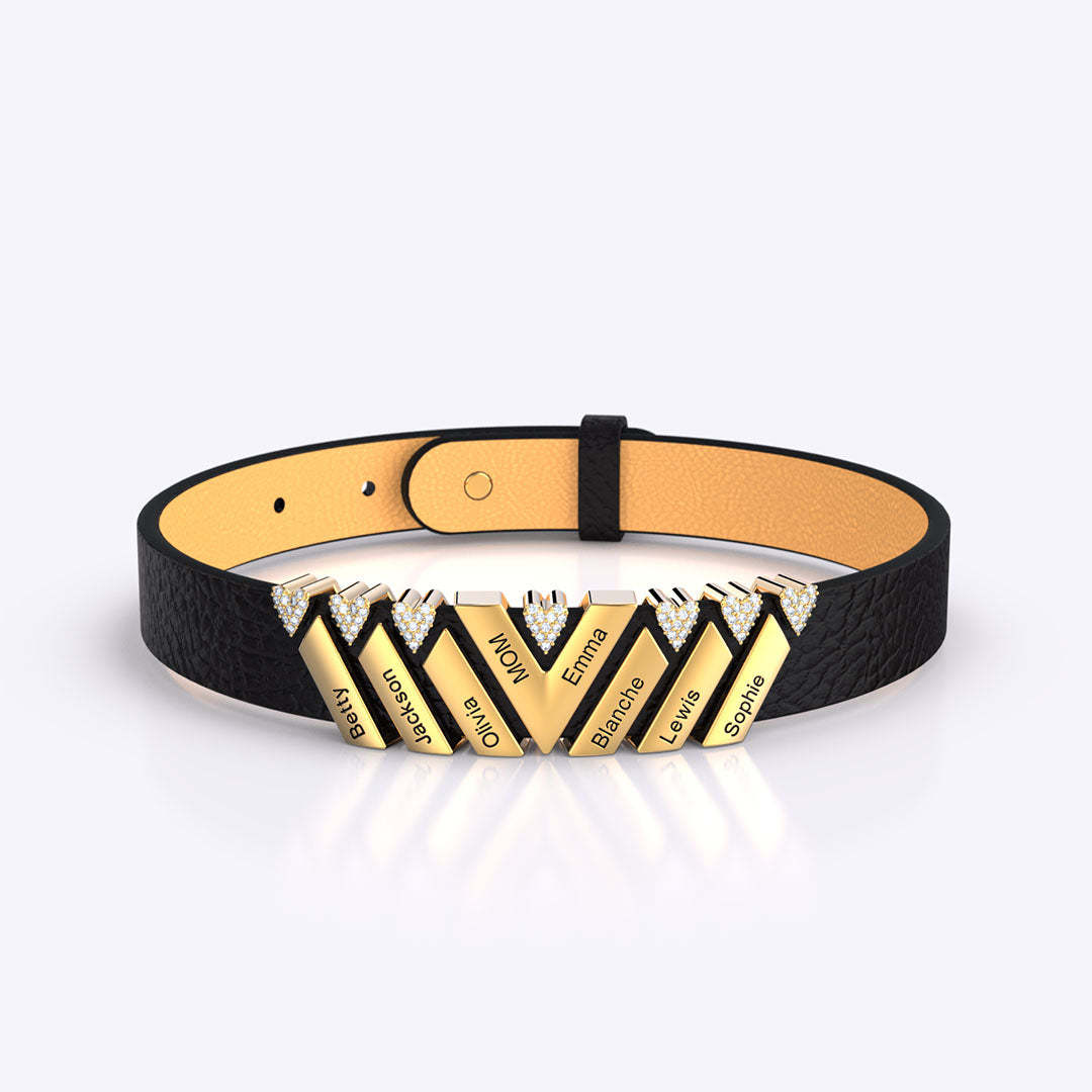 Mother's Day Gift Personalized Leather V Bracelet With Diamond Charms for Grandma/Mom/Dad