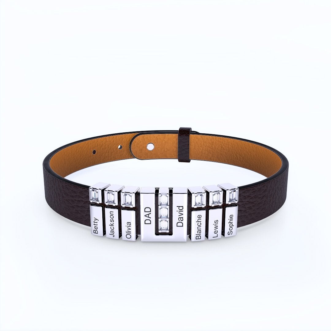 Father's Day Gift Men Learther Bracelet With Diamond Name Beads