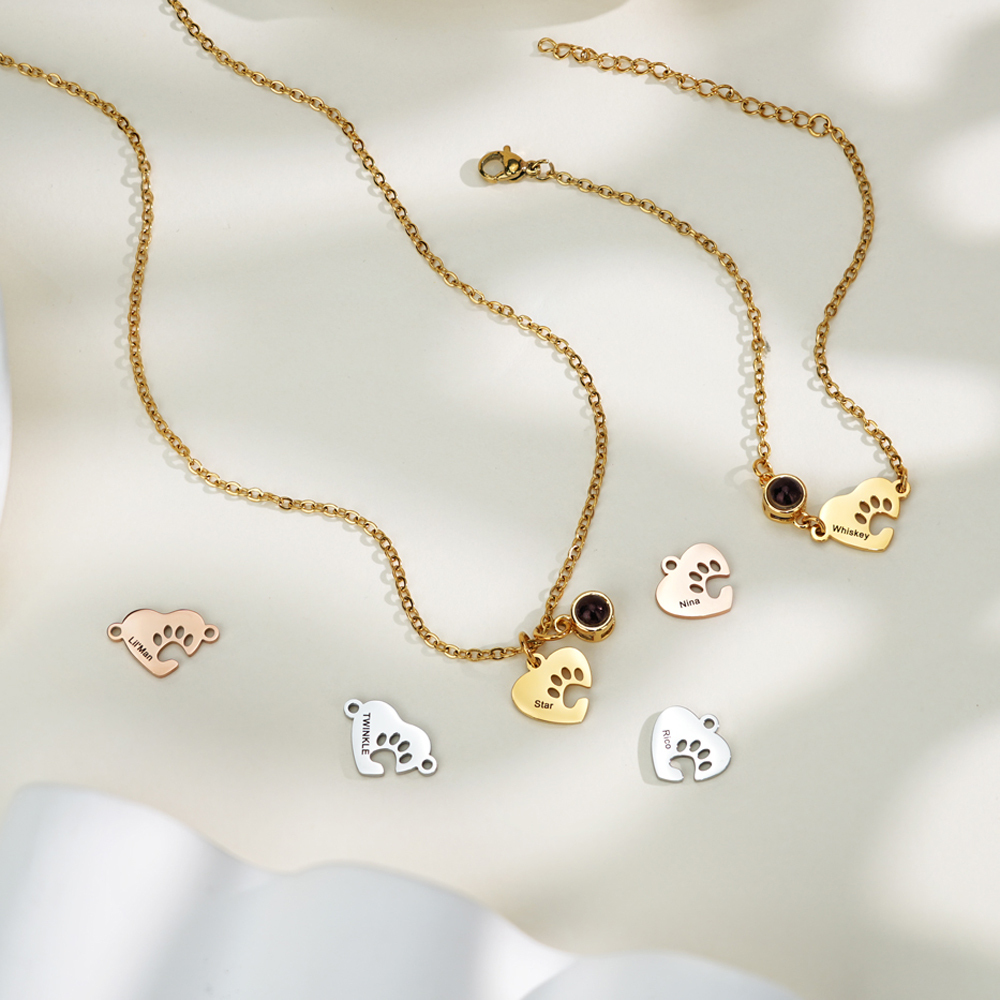 Personalized Name Heart-Shaped Paw Print Photo Projection Necklace/Bracelet