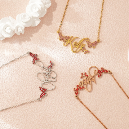 ✨ Personalized Butterfly Name Necklace with Birthstone Crystals