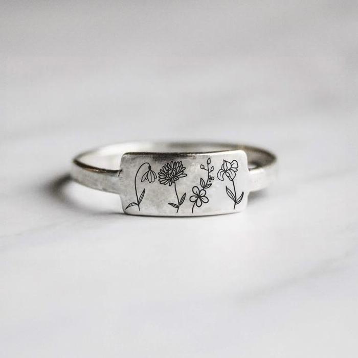 Mom's Gift Birth Flower Ring - No Rain No Flowers - Never Forget That 