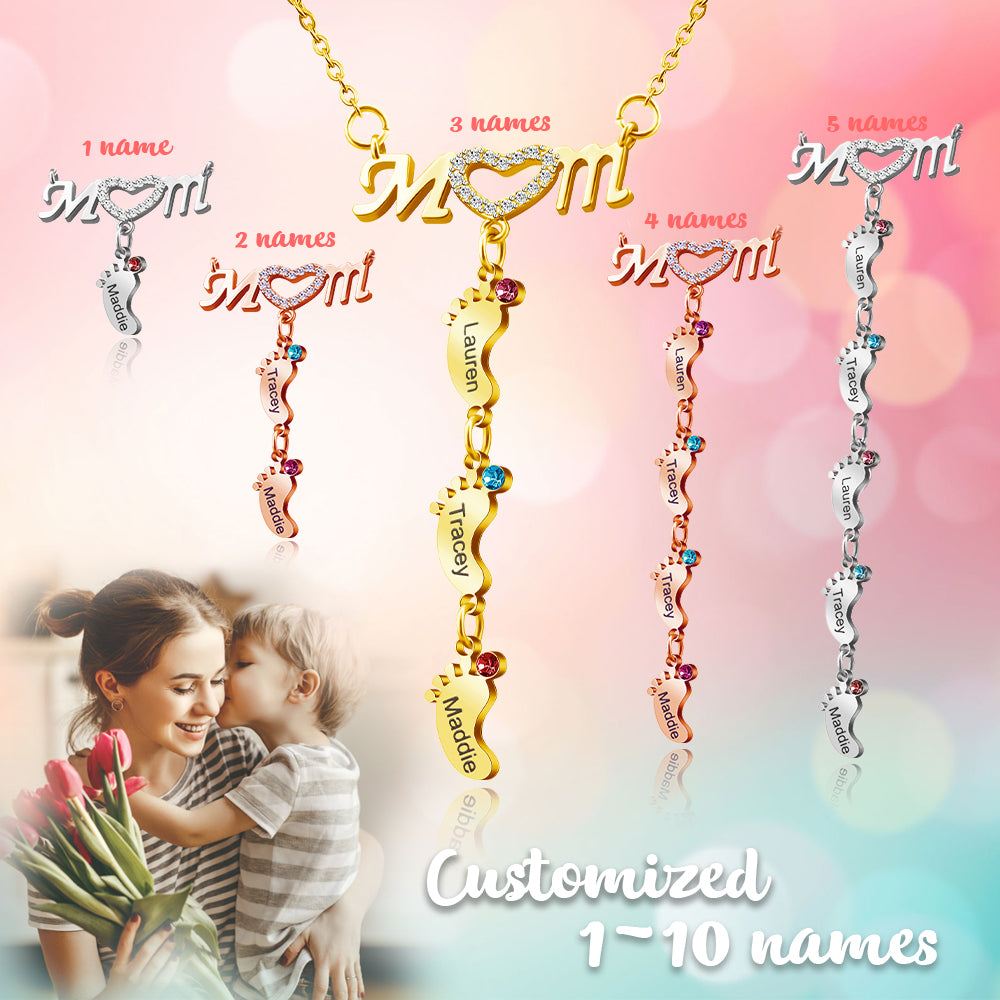 Mother's Necklace With Small Custom Name & Birthstone Baby Foot Charms