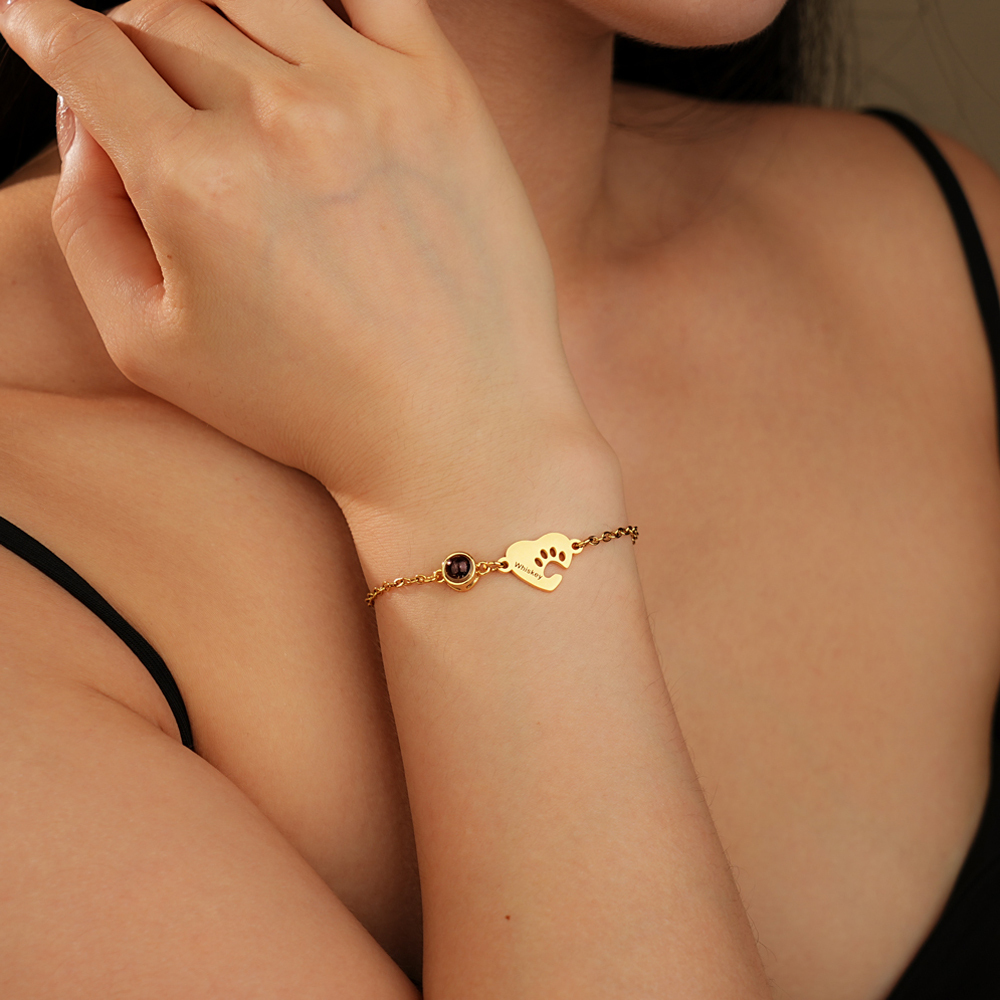 Personalized Name Heart-Shaped Paw Print Photo Projection Necklace/Bracelet