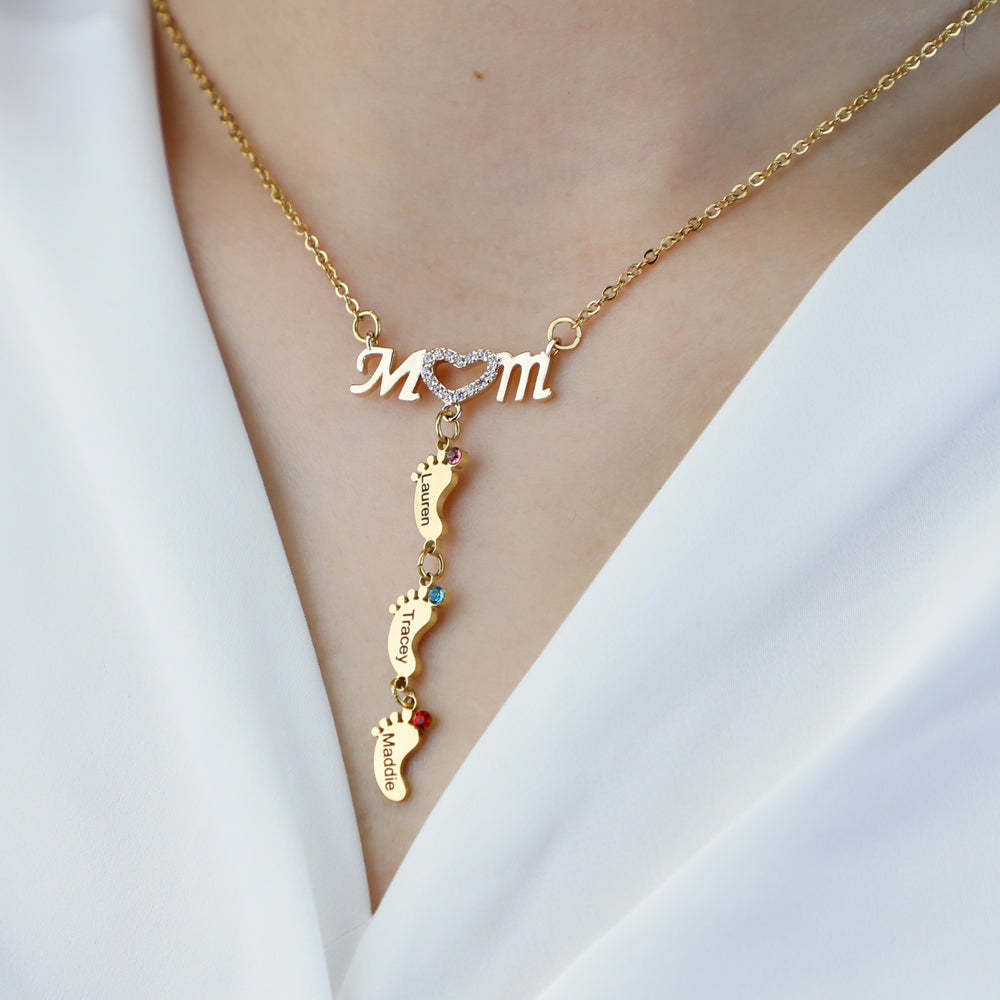 Mother's Necklace With Small Custom Name & Birthstone Baby Foot Charms