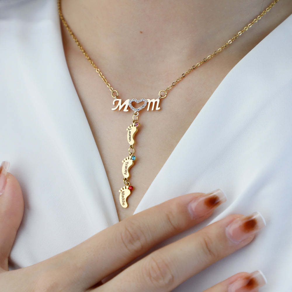 Mother's Necklace With Small Custom Name & Birthstone Baby Foot Charms