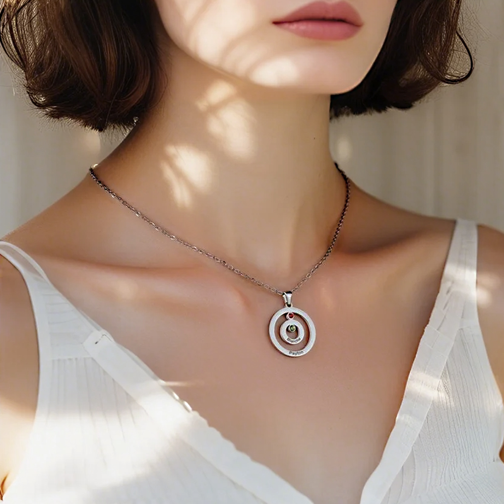 Personalized Engraved Double Circle Colored Diamond Necklace