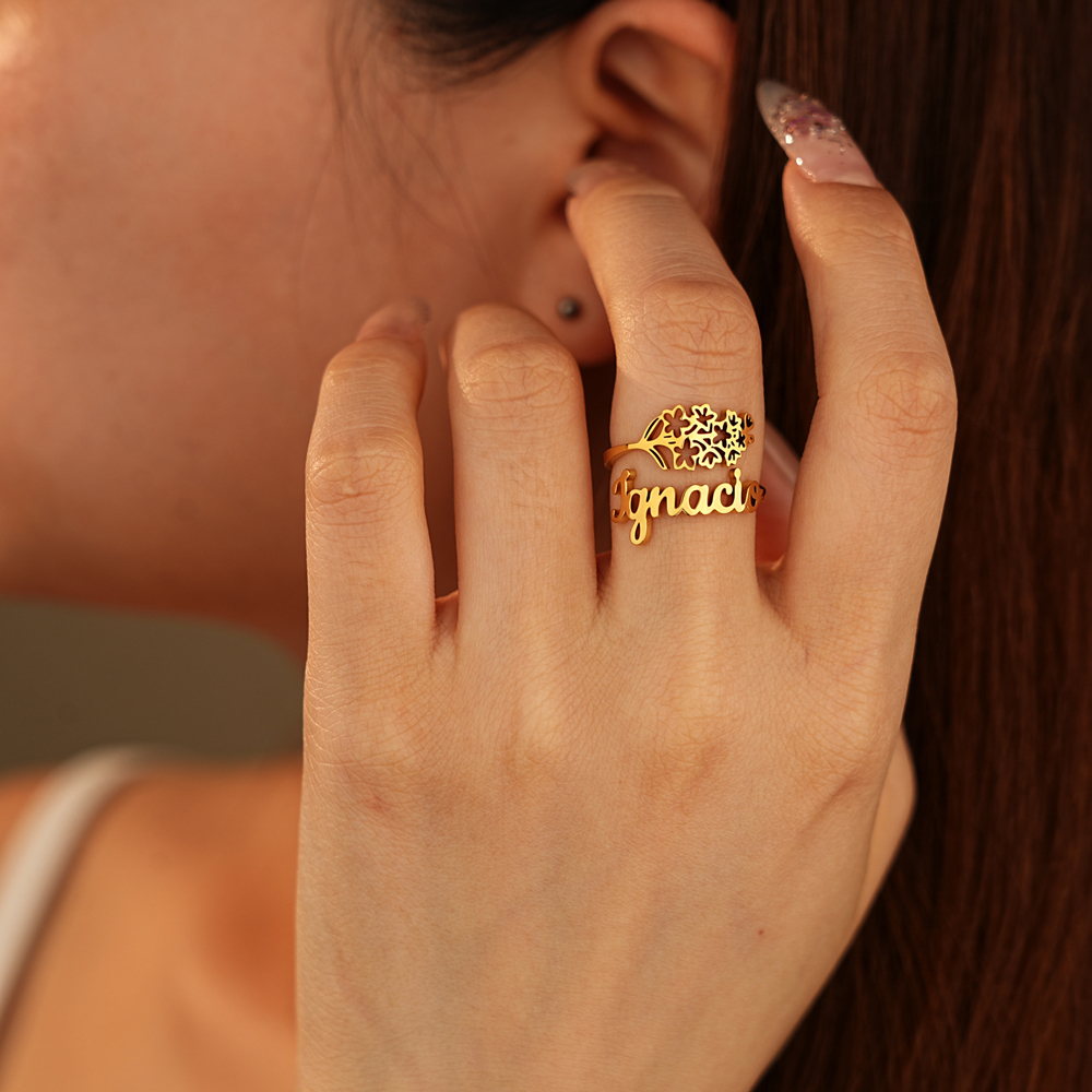 Personalized Birth Flower Name Ring